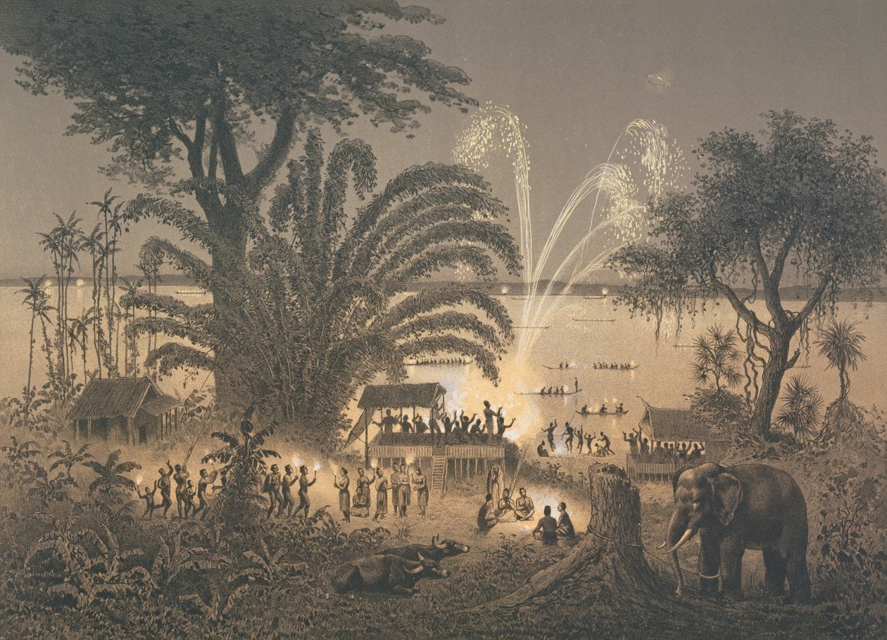 Vuurwerk op de rivier bij vieringen in Bassac, illustratie uit 