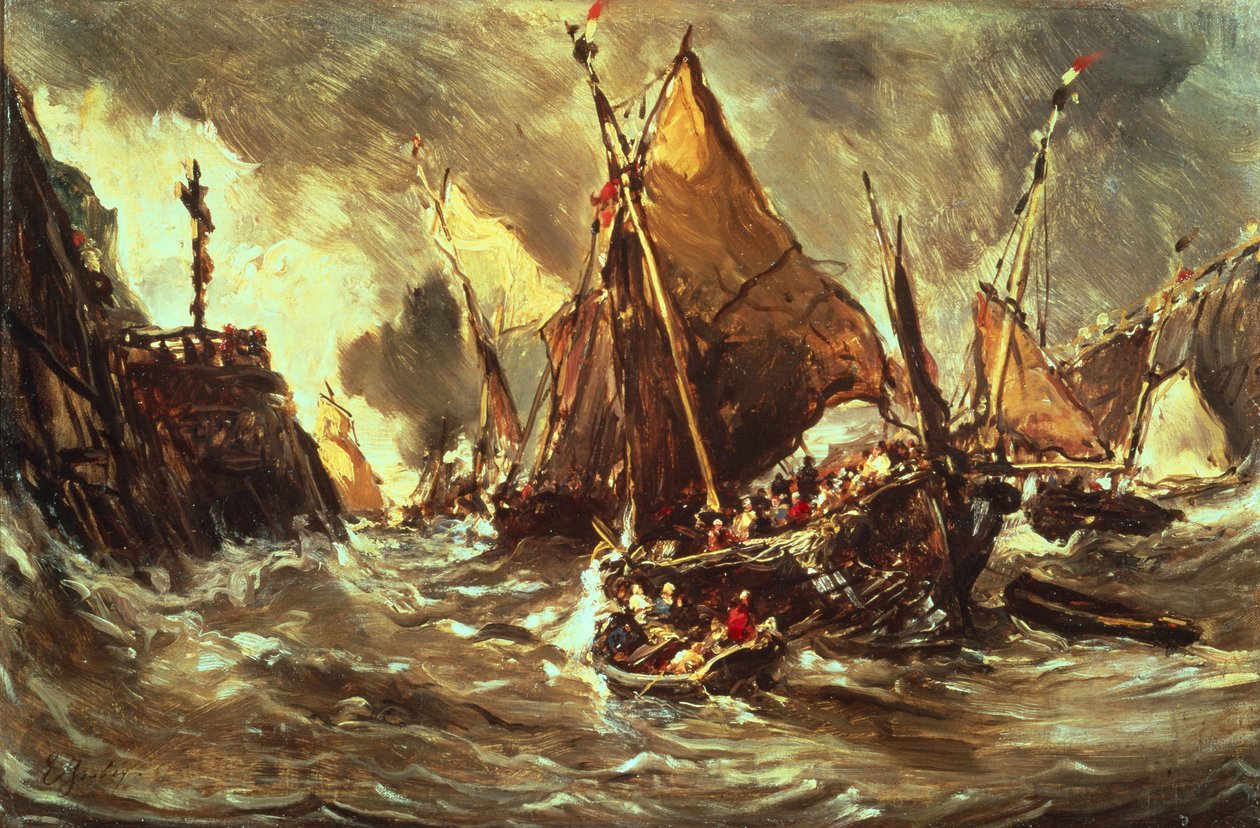 Schepen in een storm door Eugene Isabey