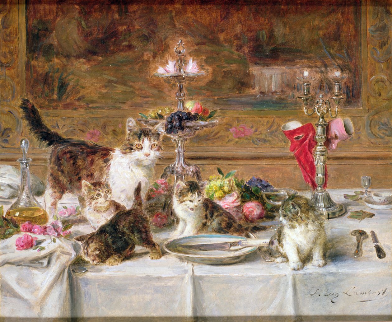 Kittens op een banket, 19e eeuw door Louis Eugene Lambert