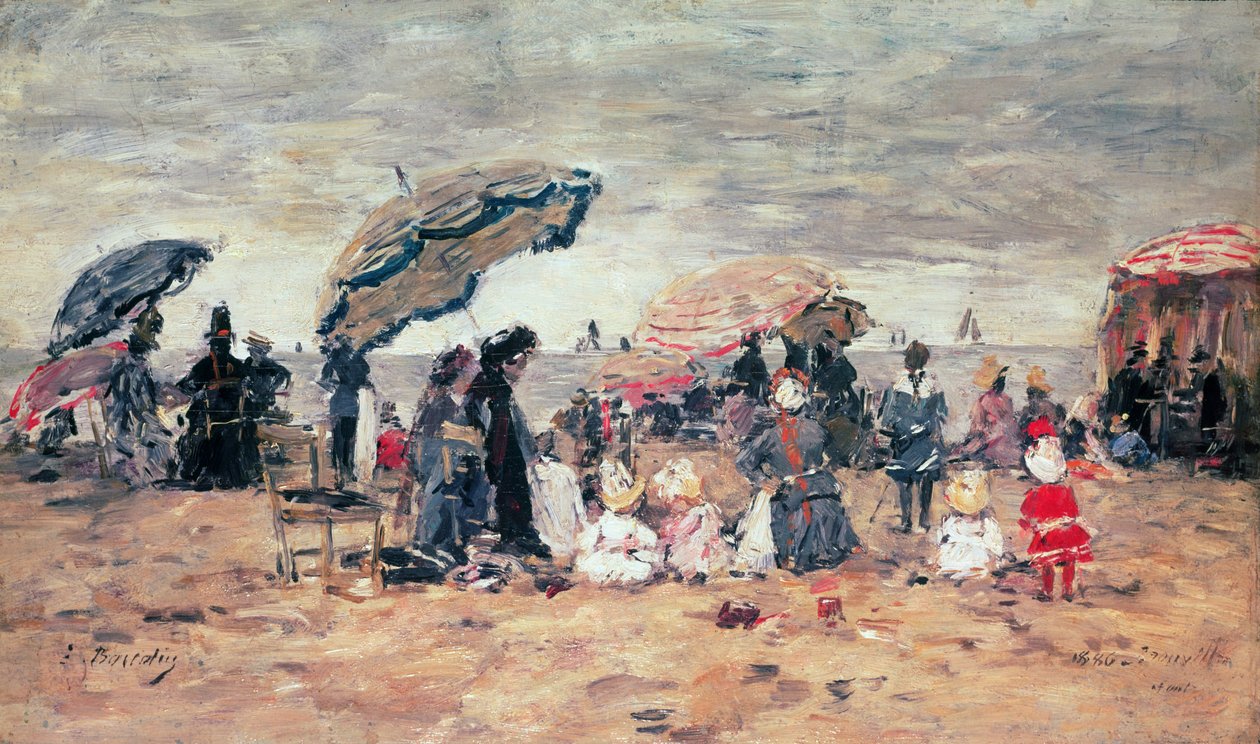 Parasols op het strand, Trouville, 1886 door Eugene Louis Boudin