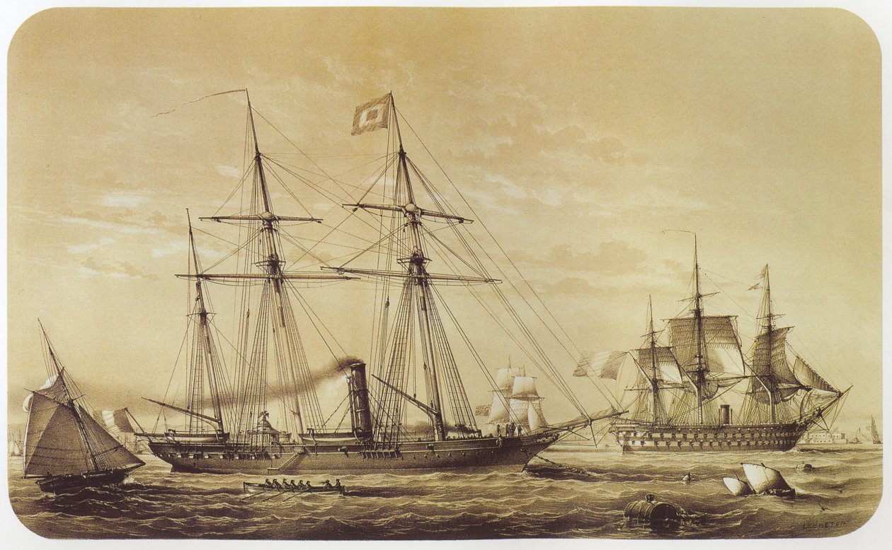 De Reine Hortense, keizerlijk jacht van Napoleon III. Het linieschip Austerlitz is op de achtergrond te zien door Louis Le Breton