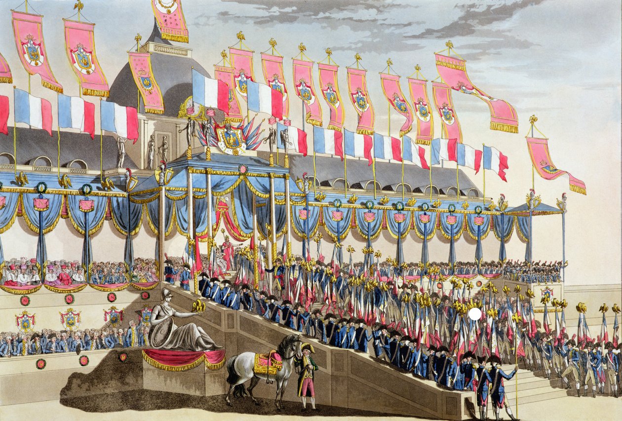 Heilig Festival en Kroning van hun Keizerlijke Majesteiten, Uitzicht op de versieringen voor de Ecole Militaire naast de Champ du Mars, gegraveerd door Francois Aubertin, gepubliceerd 1806 door Louis Le Coeur