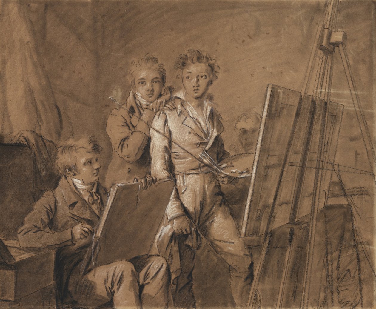 Drie jonge kunstenaars in een studio door Louis Leopold Boilly