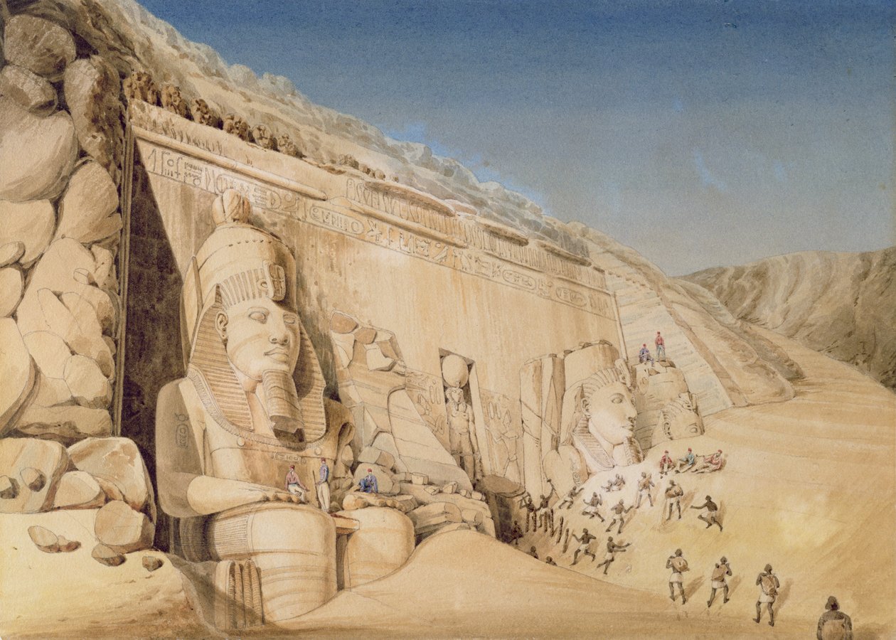 De opgraving van de Grote Tempel van Ramses II, Abu Simbel, 1819 door Louis M.A. Linant de Bellefonds