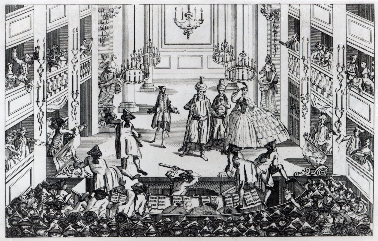 Rel in Covent Garden Theatre in 1763 als gevolg van de weigering van de managers om halve prijs toe te laten in de opera van Artaxerxes door Louis Philippe Boitard