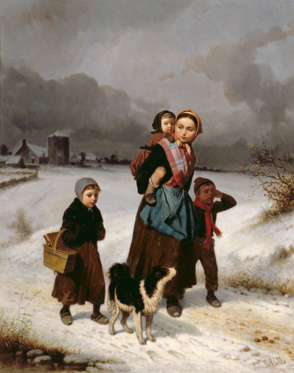 Moeder en Kinderen in de Sneeuw door Louis Simon Lassalle