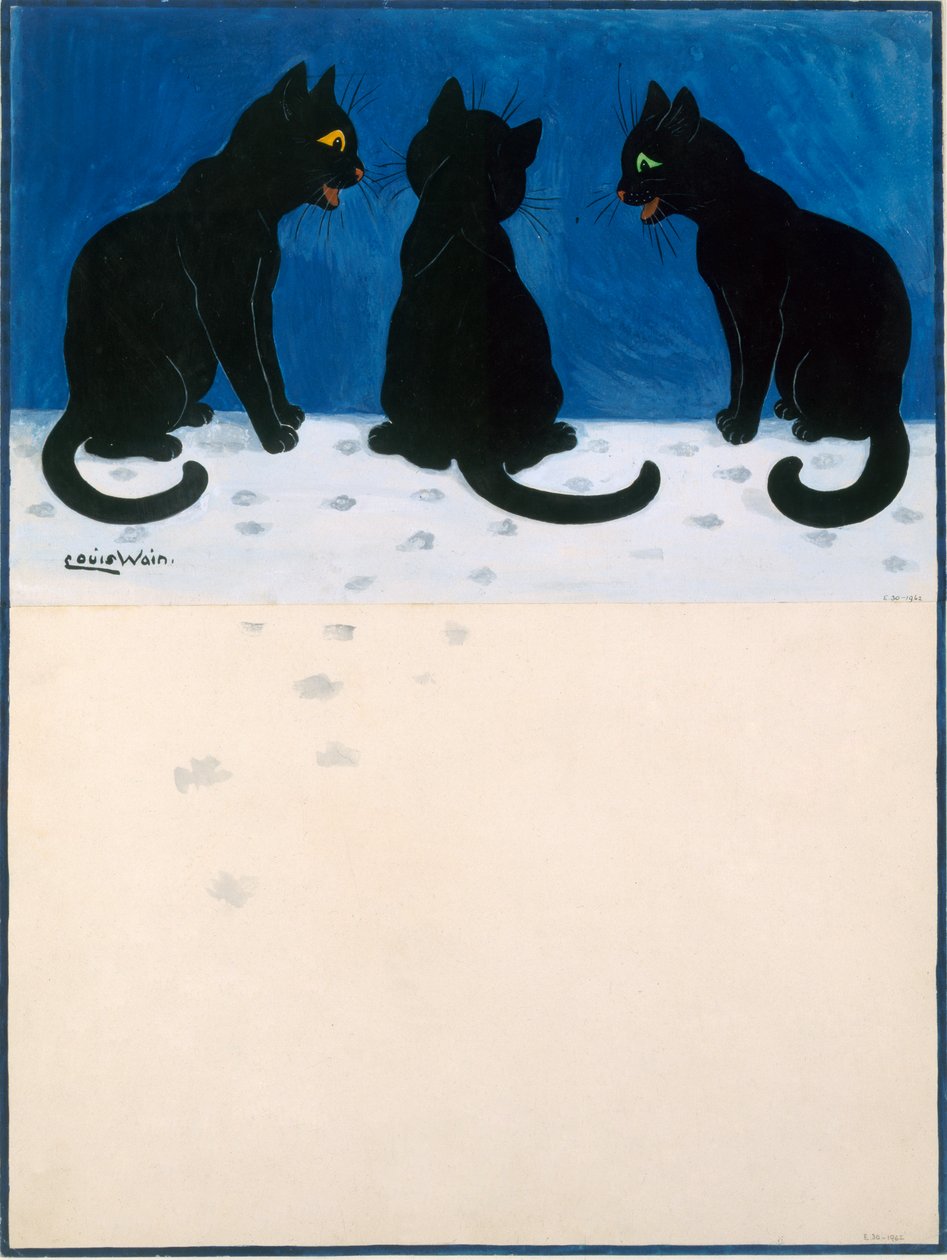 Zwarte katten in de sneeuw door Louis Wain