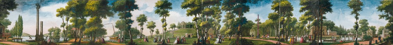 Figuren wandelen in een park door Louis Carrogis Carmontelle