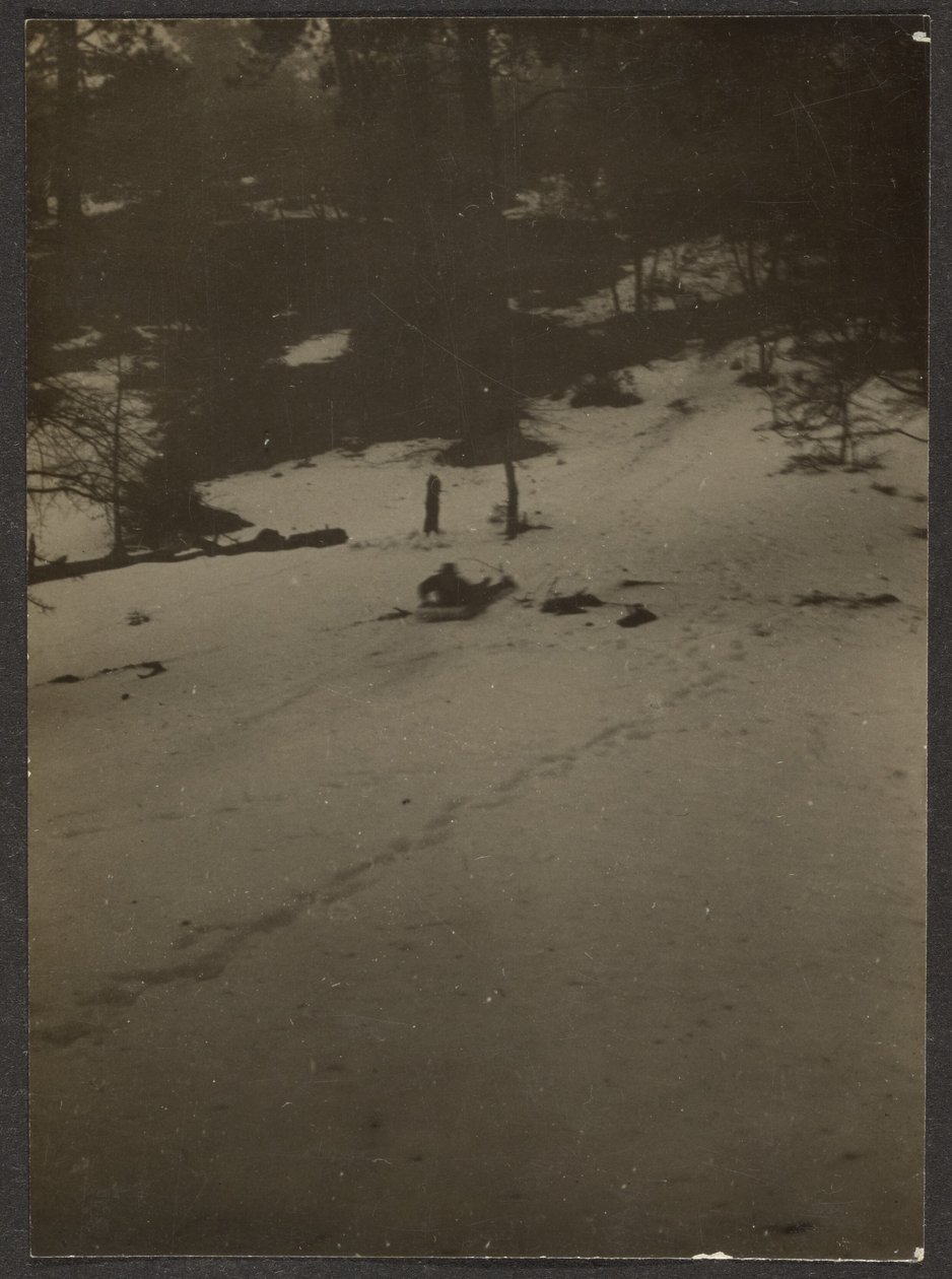 [Kind sleeën heuvel af]. door Louis Fleckenstein