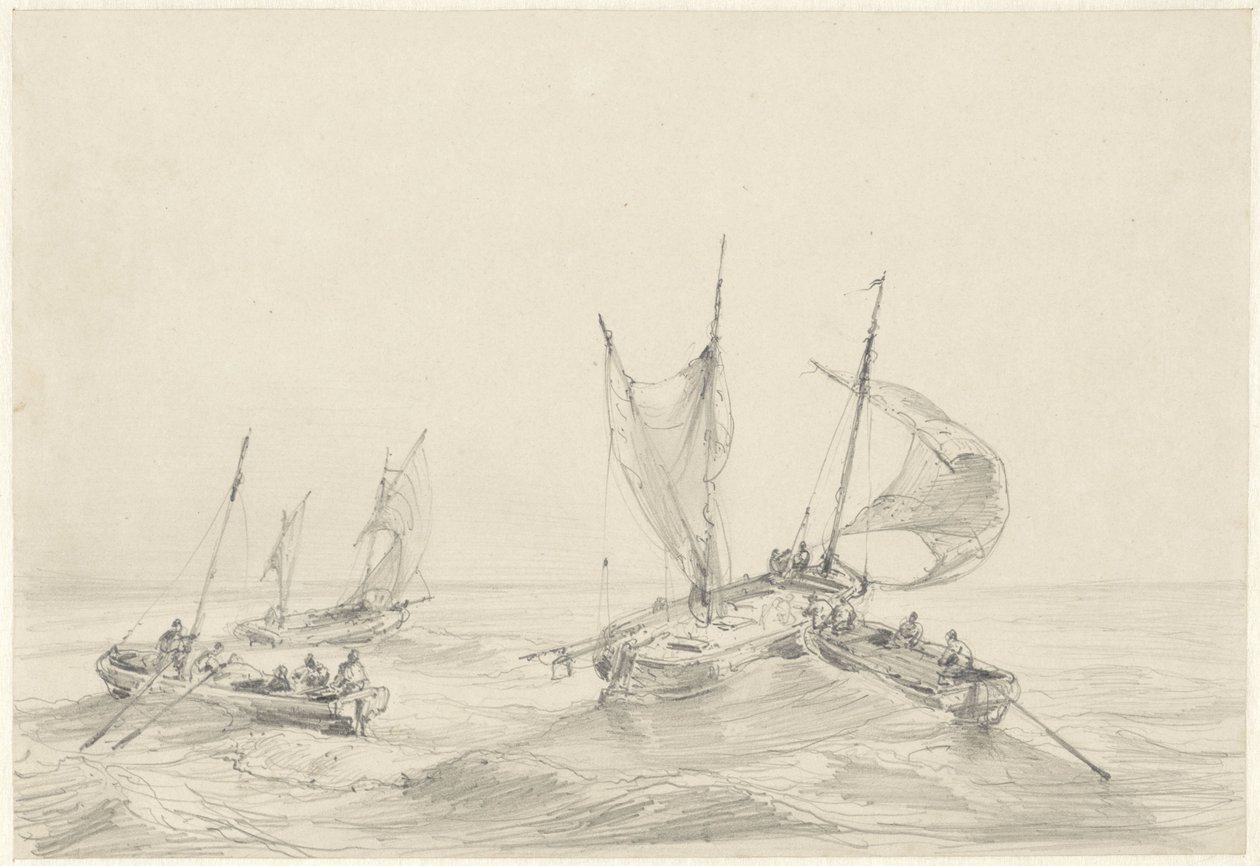 Zee met vissersschepen door Louis Meijer