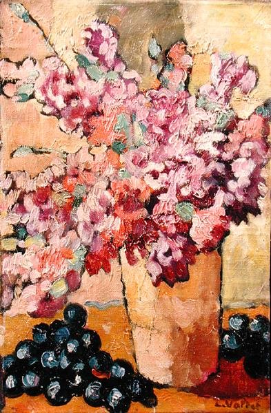 Stilleven met Bloemen en Zwarte Druiven door Louis Valtat