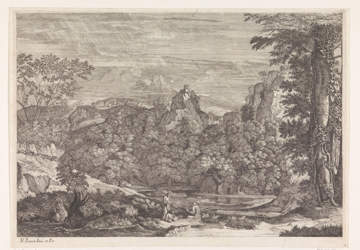 Landschap met drie monniken door Louis de Châtillon