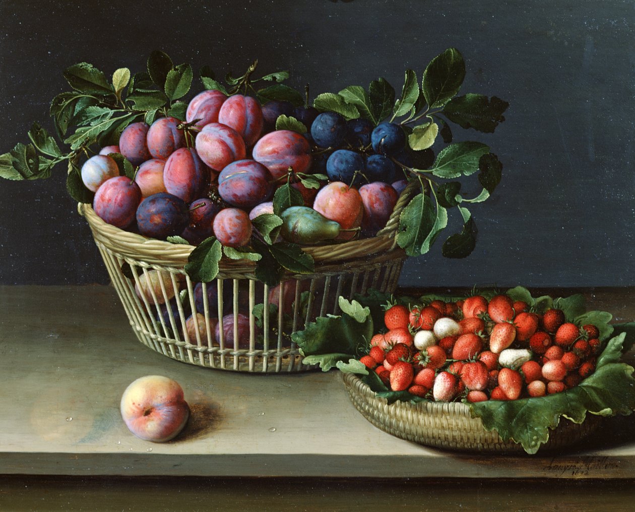 Mand met pruimen en mand met aardbeien, 1632 door Louise Moillon