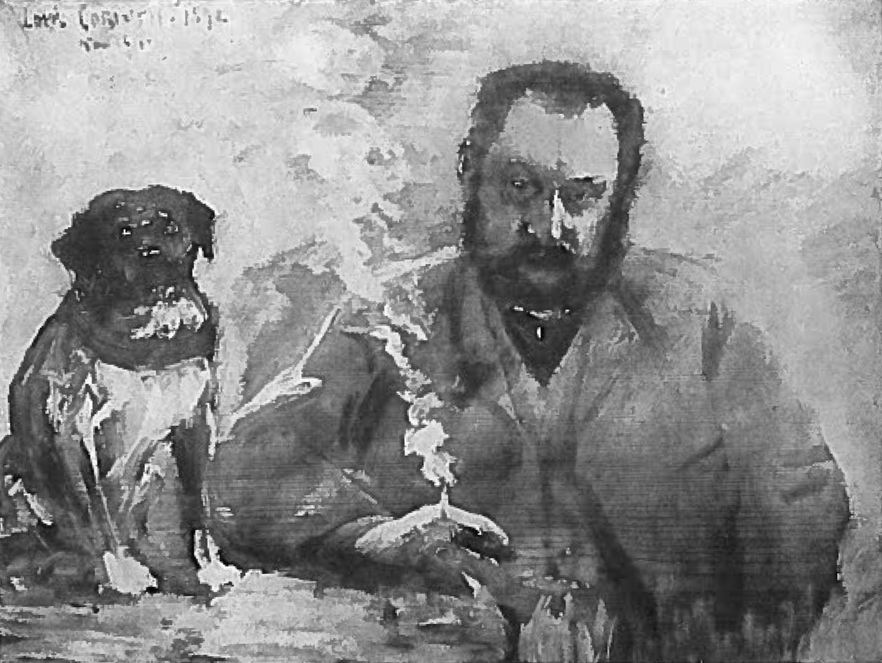 Man aan tafel met hond door Lovis Corinth