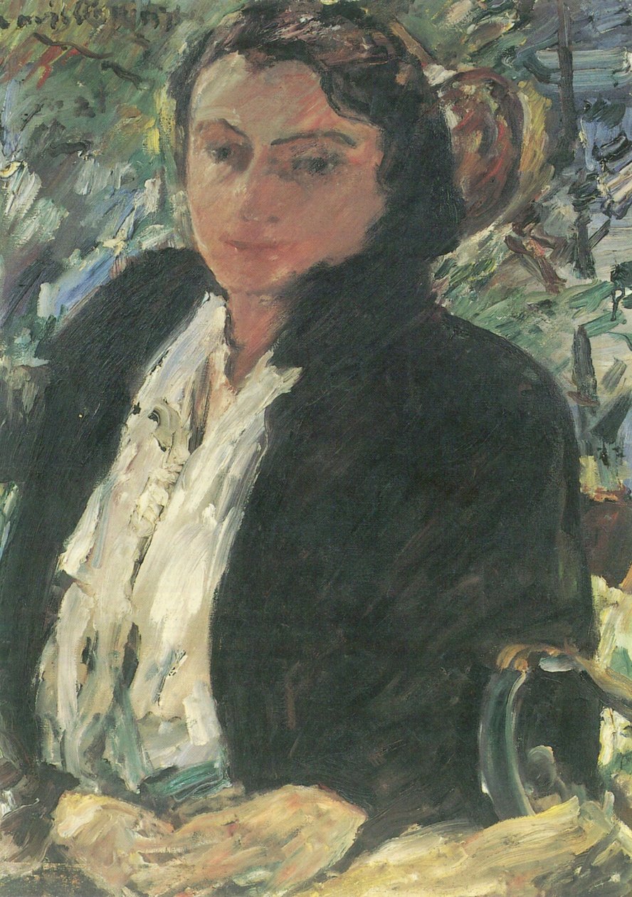 Portret Charlotte Corinth in groene fluwelen jas door Lovis Corinth