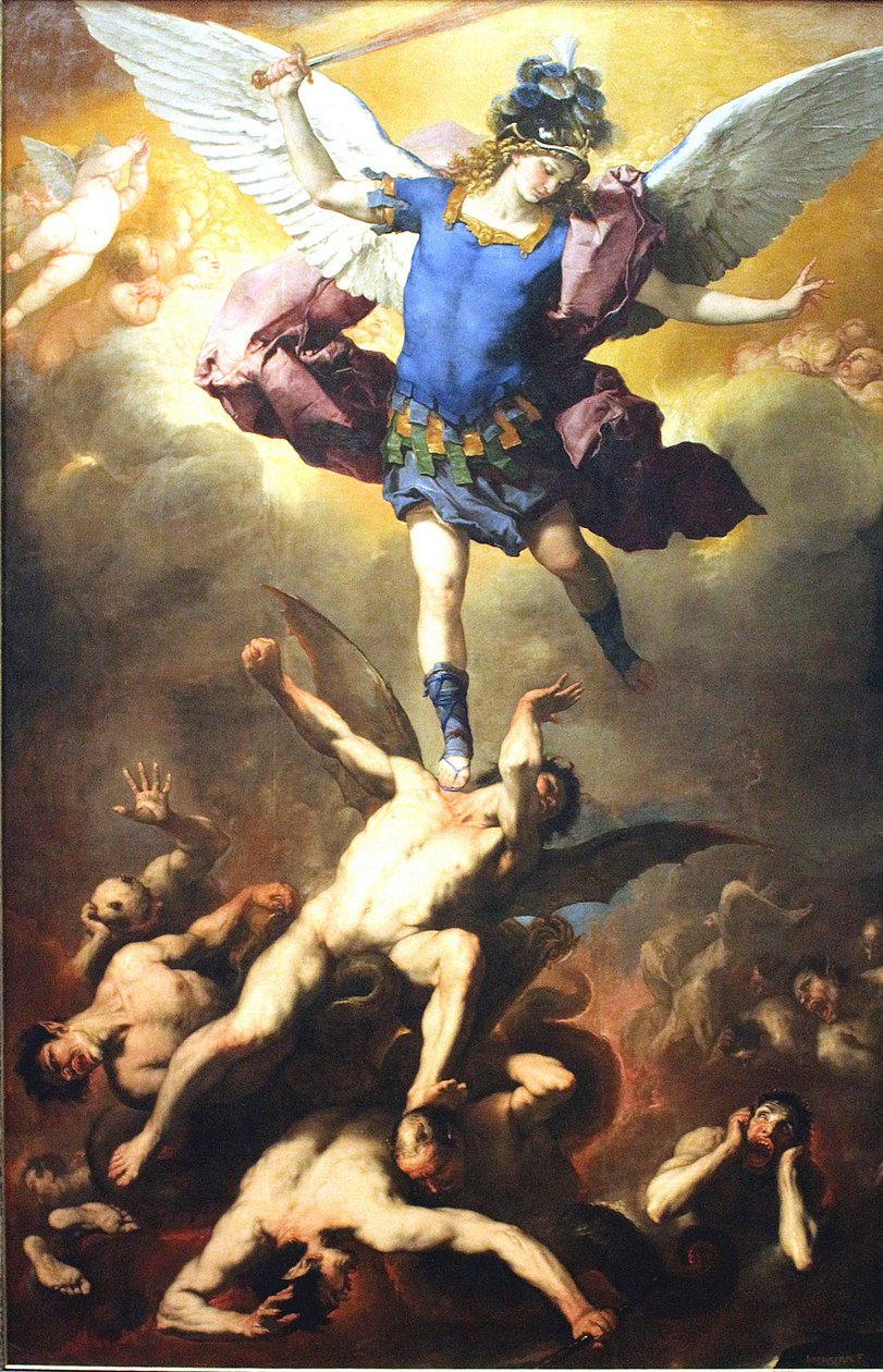 Aartsengel Michaël werpt de afvallige engelen omver door Luca Giordano