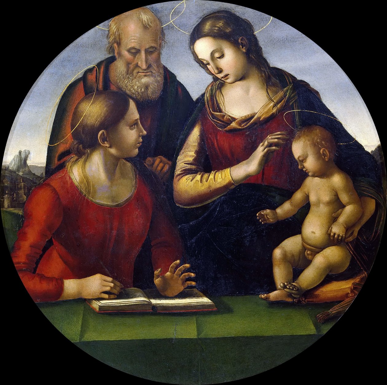De Heilige Familie met een heilige door Luca Signorelli