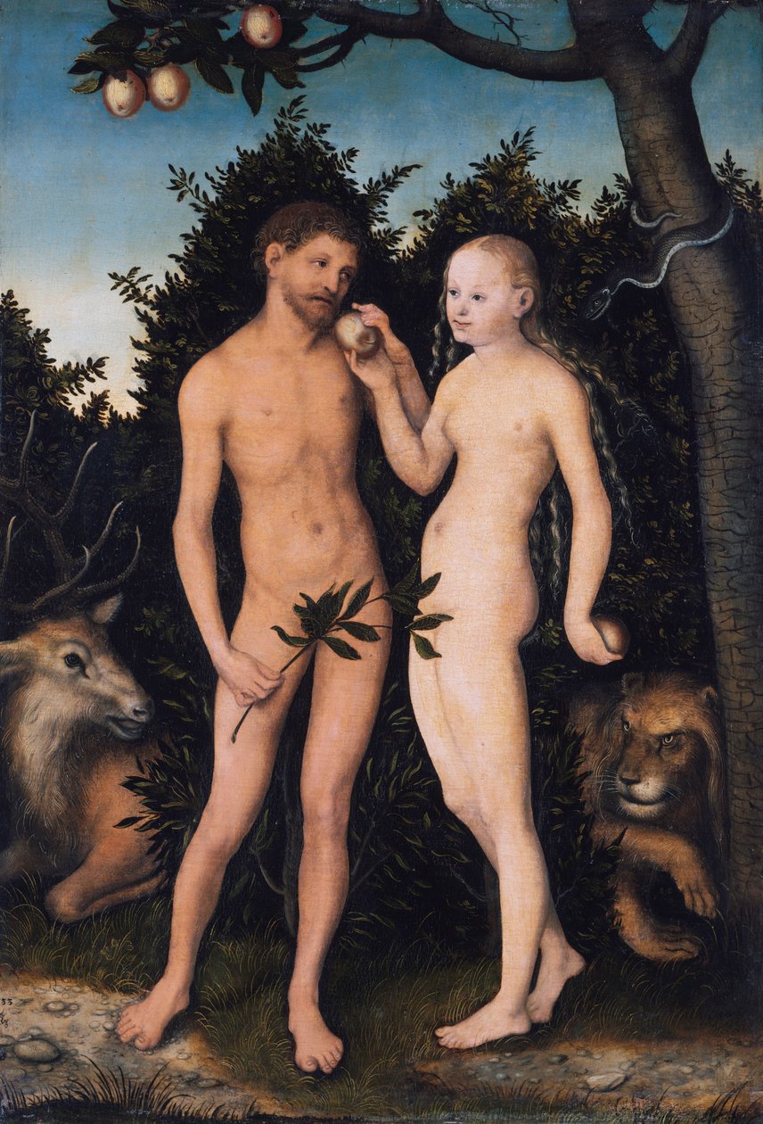 Adam en Eva in het paradijs (zondeval) door Lucas Cranach the Elder