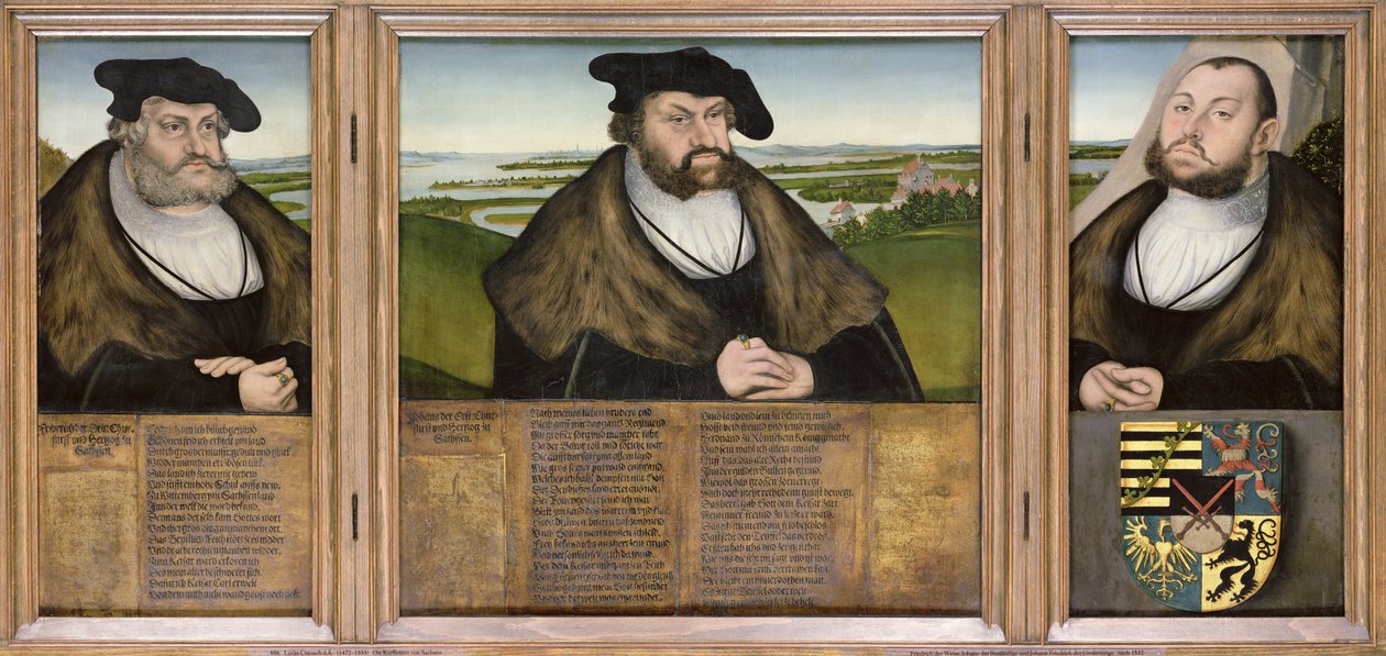 Kiezers van Saksen: Friedrich de Wijze (1482-1556) Johann de Standvastige (1468-1532) en Johann Friedrich de Grootmoedige (1503-54) 1532 door Lucas Cranach the Elder