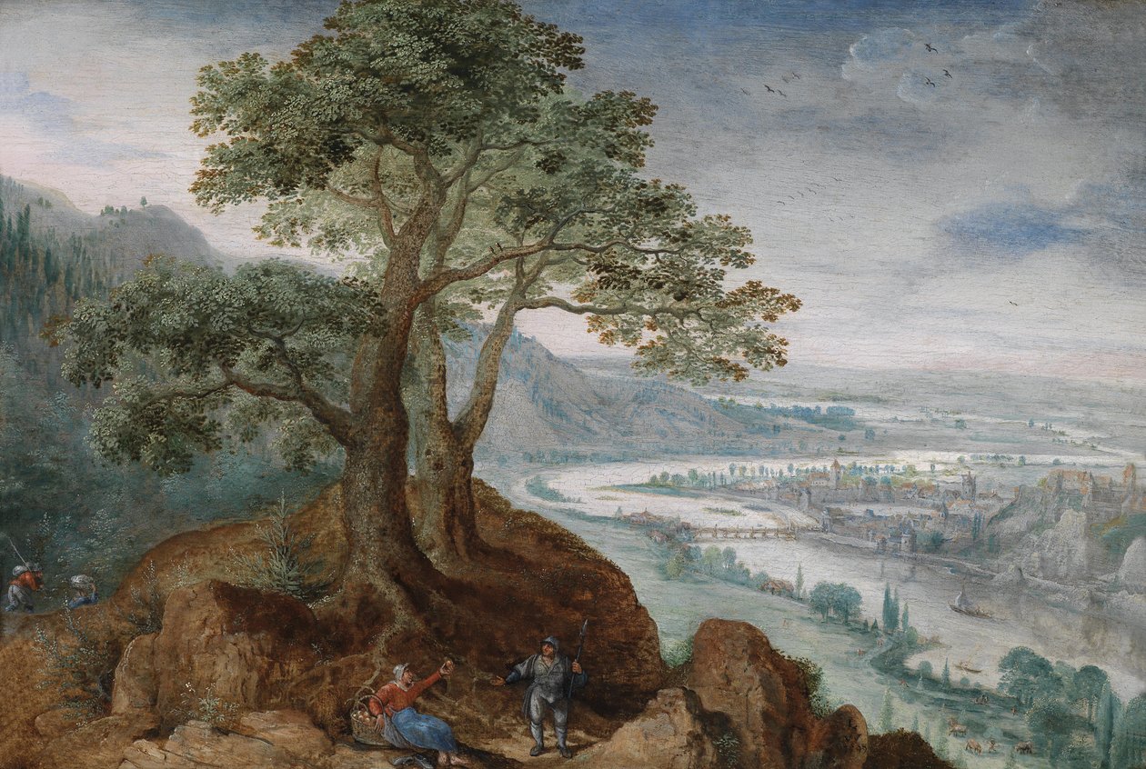 Uitzicht vanaf Pöstlinberg op de stad Linz met een boerin en een wandelaar op een pad op de voorgrond door Lucas van Valckenborch