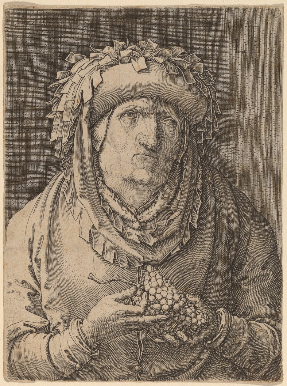 De oude vrouw met druiven door Lucas van Leyden