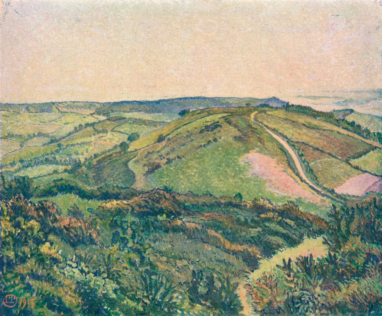 Uitzicht vanaf de heuvel, visvijver door Lucien Pissaro