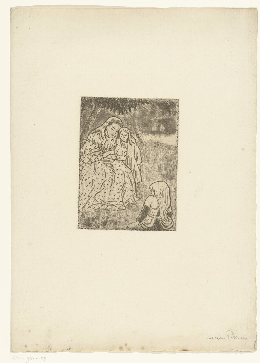 Vrouw met twee meisjes in een weide door Lucien Pissarro