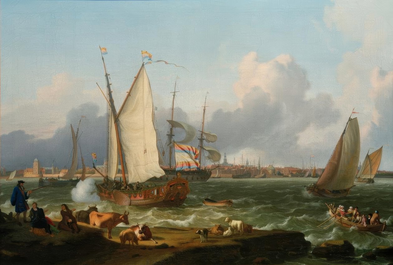 Uitzicht vanaf het eiland Nesserland op Emden door Ludolf Backhuysen