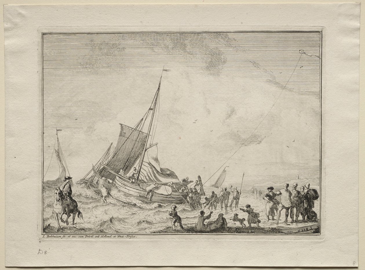 Te water laten van een schip, 1701 door Ludolf Backhuysen