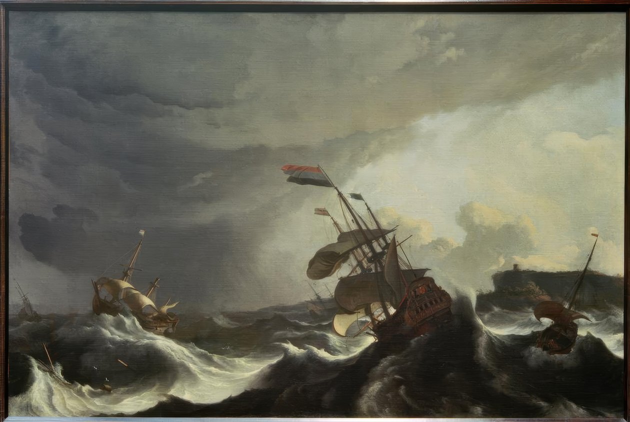 Schepen in nood bij zware storm door Ludolf Backhuysen