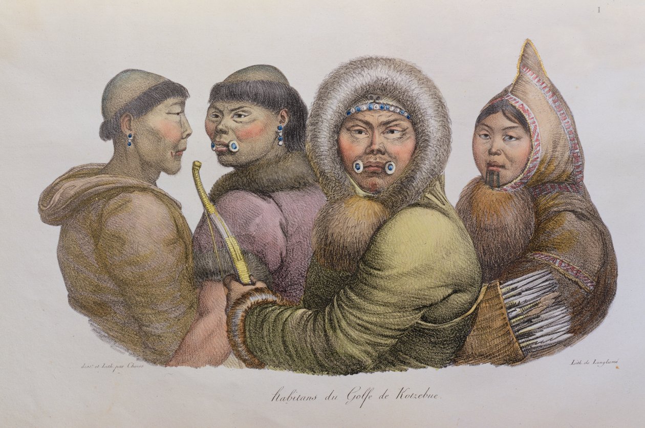 Inboorlingen van de Golf van Kotzebue, Alaska, uit Voyage Pittoresque Autour du Monde, gepubliceerd 1822 door Ludwig Choris