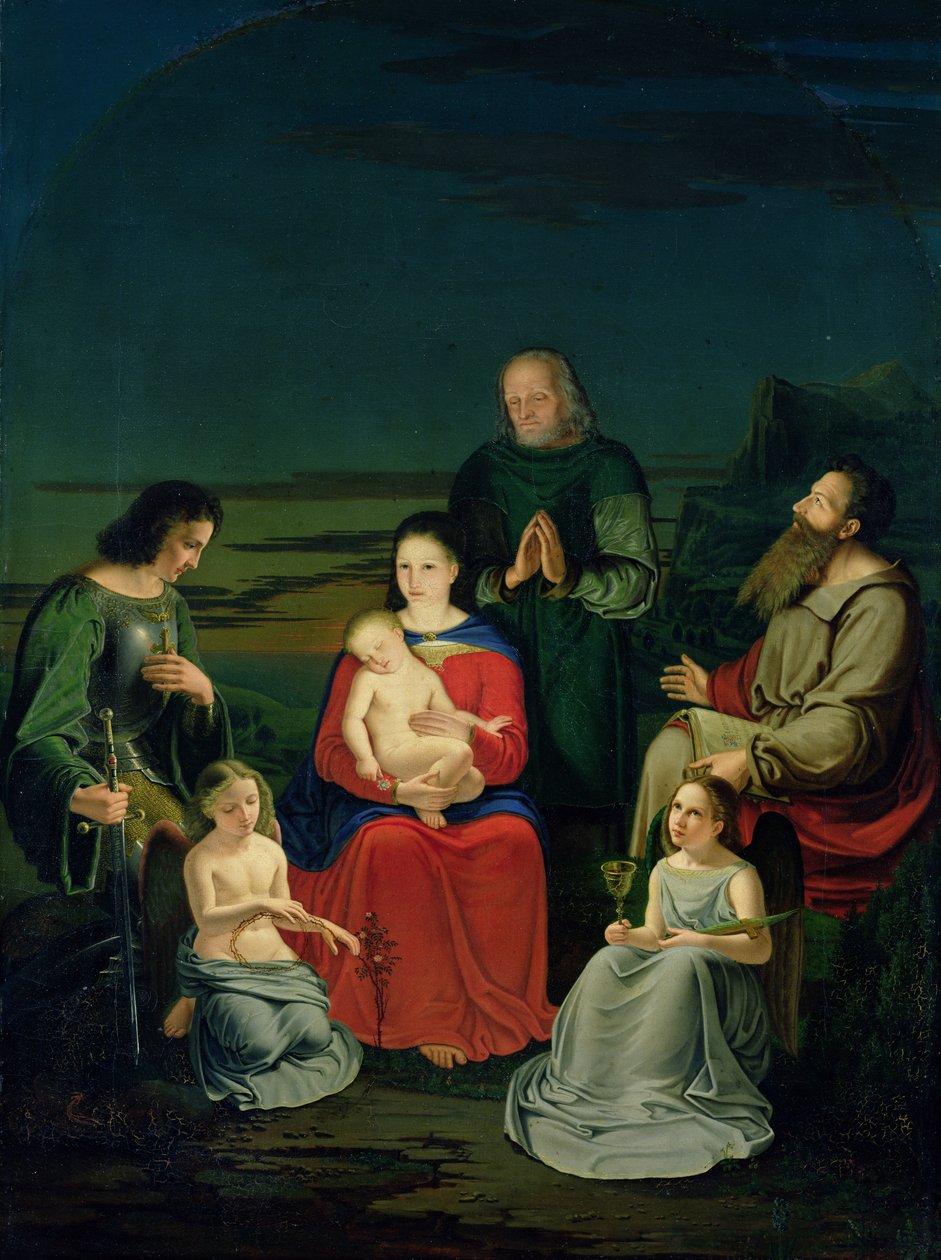 Heilige Familie met engelen en heiligen, ca. 1824 door Ludwig Emil Grimm