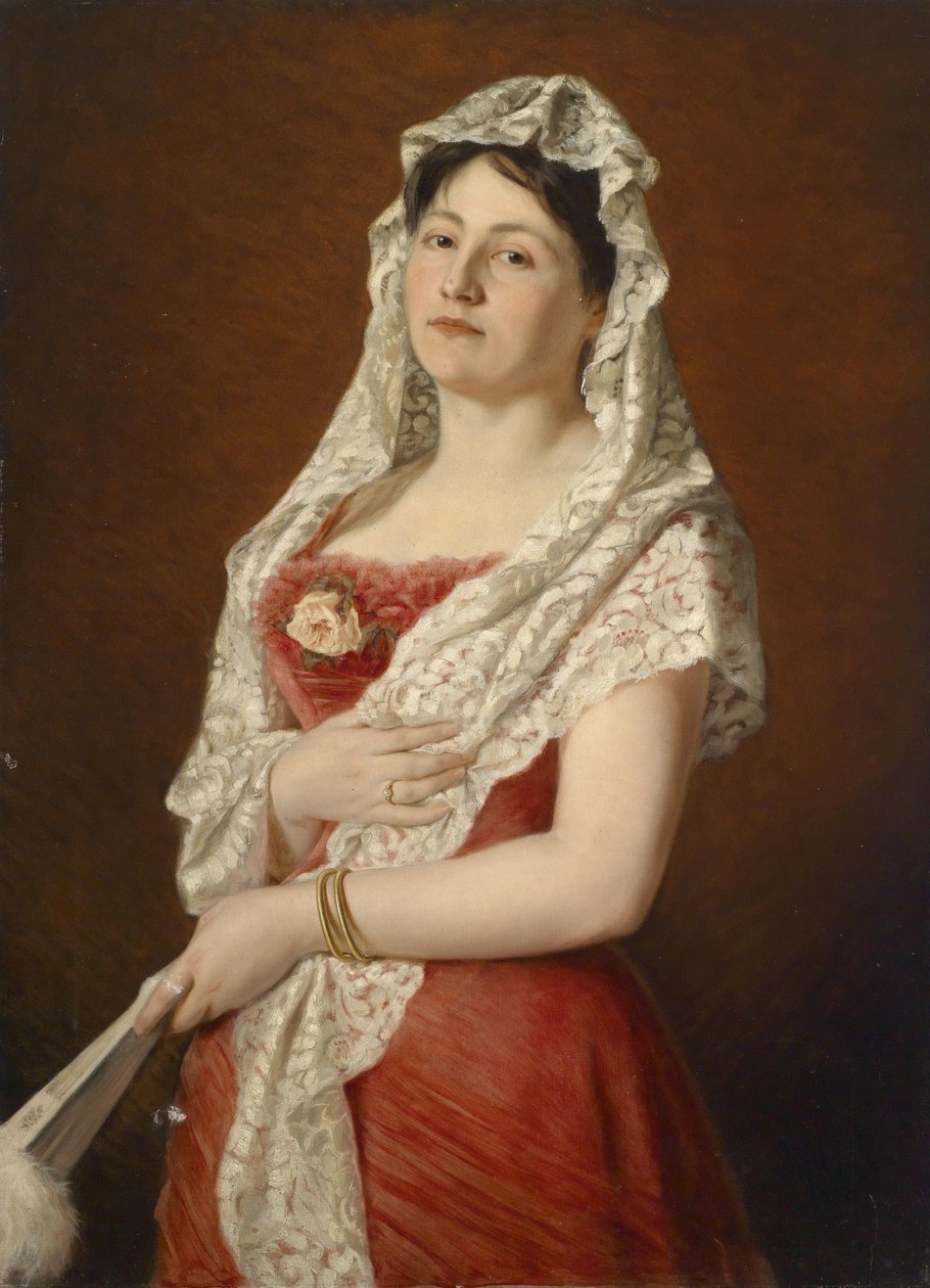 Portret van een dame met witte kanten mantilla en waaier door Ludwig Gloss