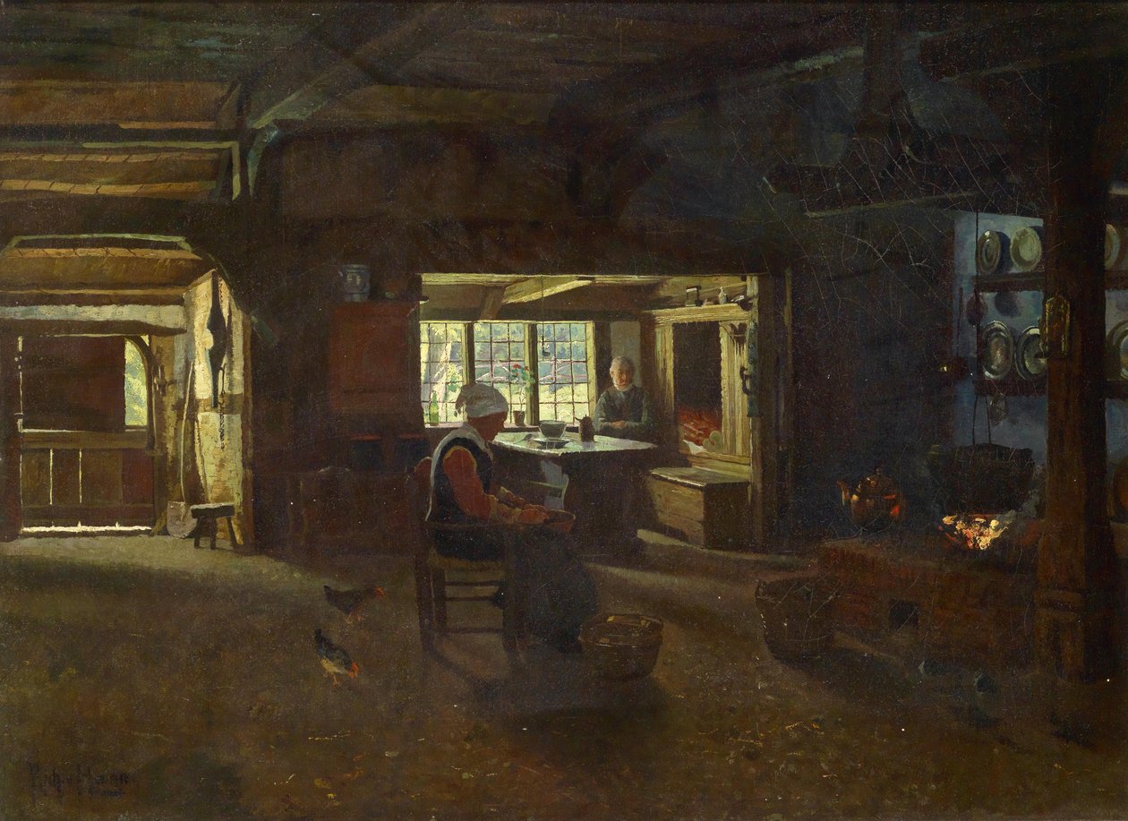 Interieur van een boerderij door Ludwig von Hagn