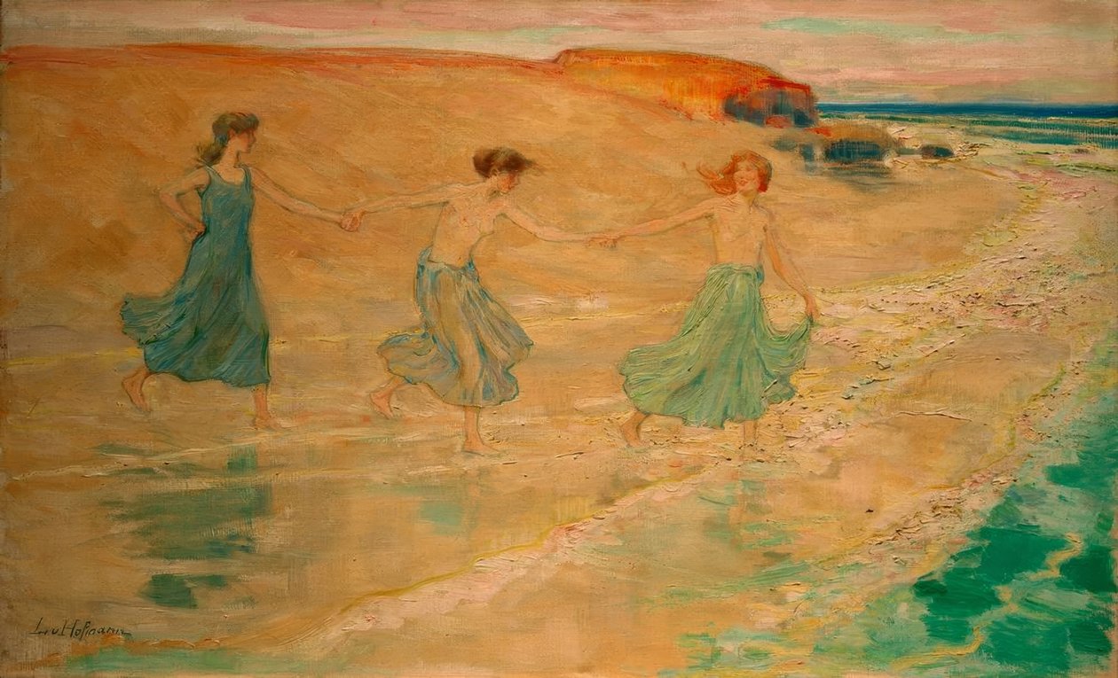 Drie meisjes op het strand door Ludwig von Hofmann