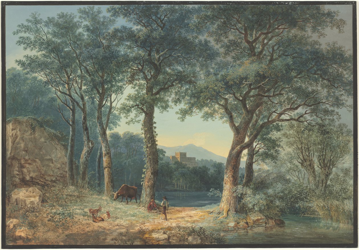 Een Beboste Oever met een Italiaanse Villa door Ludwig Hess