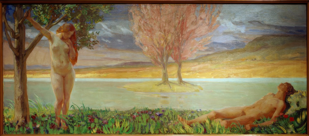 Adam en Eva in paradijselijk landschap door Ludwig von Hofmann