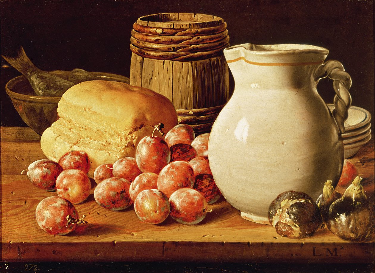 Stilleven met pruimen, vijgen, brood en vis door Luis Egidio Melendez