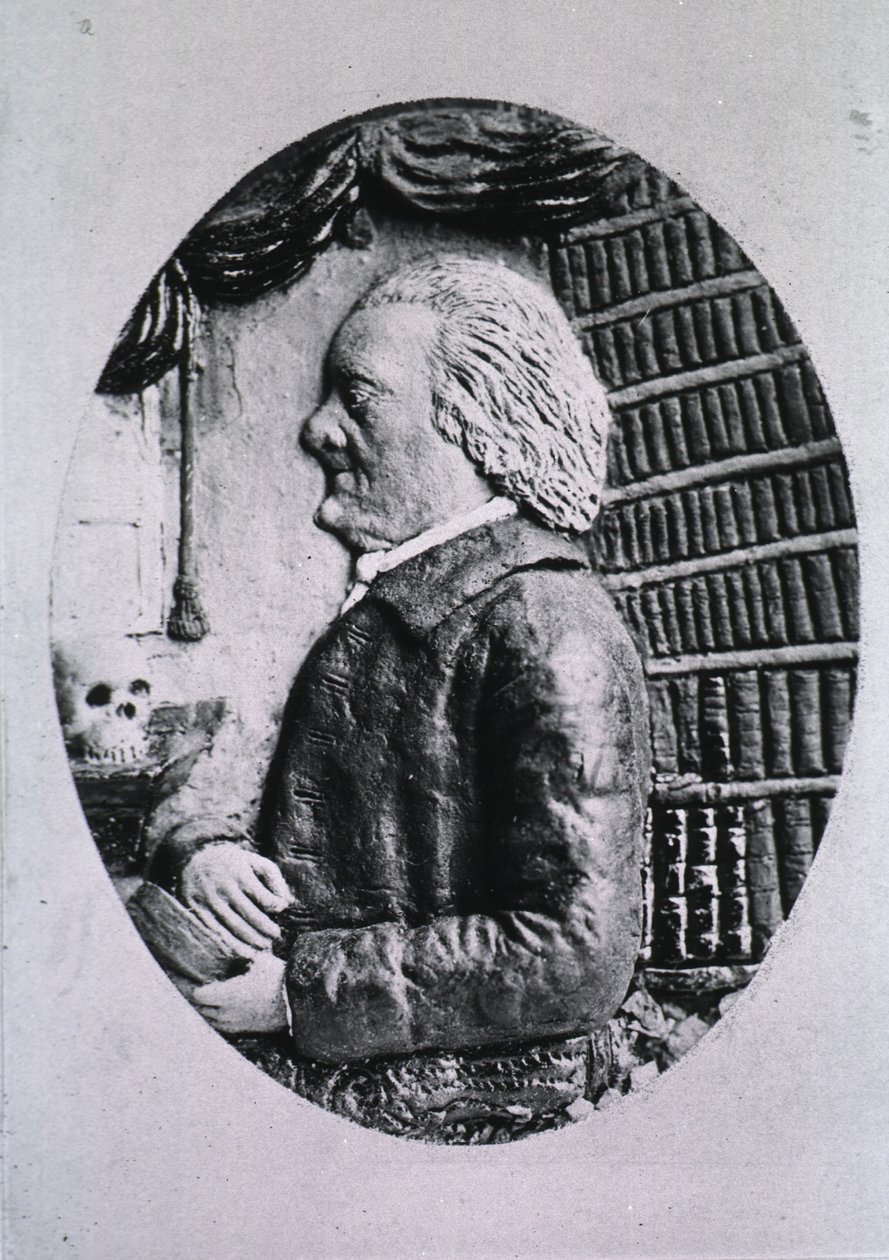 Bibliotheekplanken en schedel door M.D. Van Eokhout