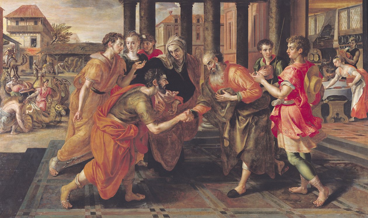 Laban presenteert Eliezer aan zijn vader, 1562 door Maarten de Vos