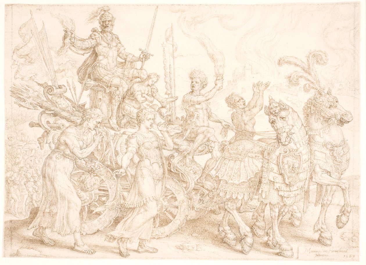 Triomfwagen. Bellum (Oorlog) door Maarten van Heemskerck