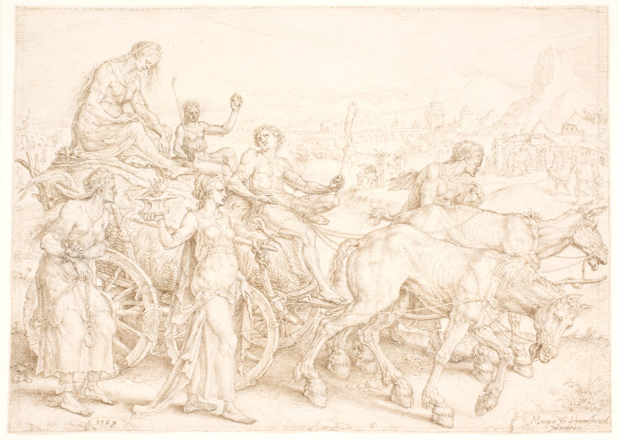 Triomfwagen. Inopia (Armoede) door Maarten van Heemskerck