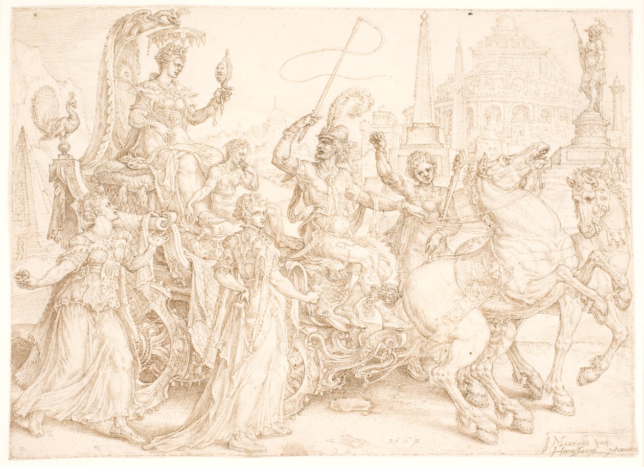 Triomfwagen. Superbia (Trots) door Maarten van Heemskerck