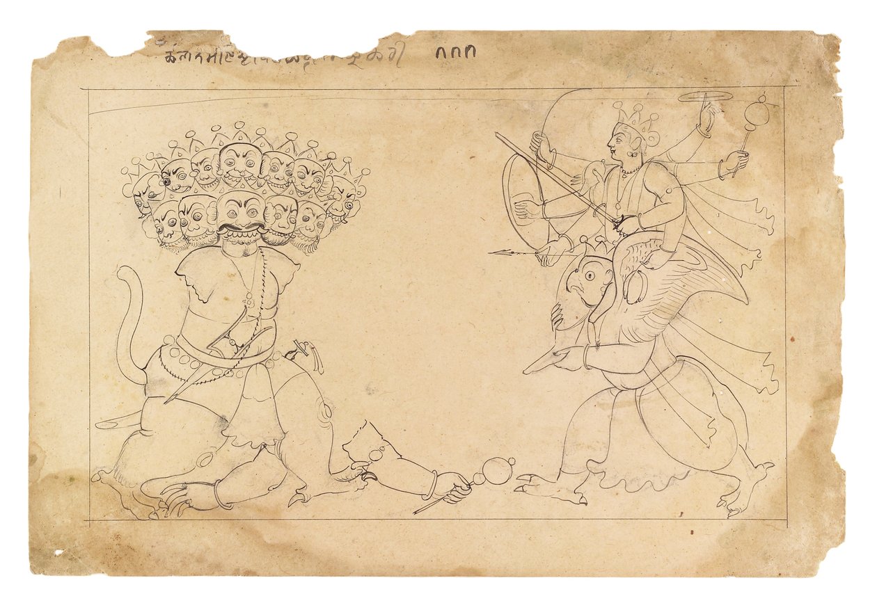 Het Verscheuren van de Demon Kalanemi, uit de Bhagavata Purana, c.1740 door Manaku