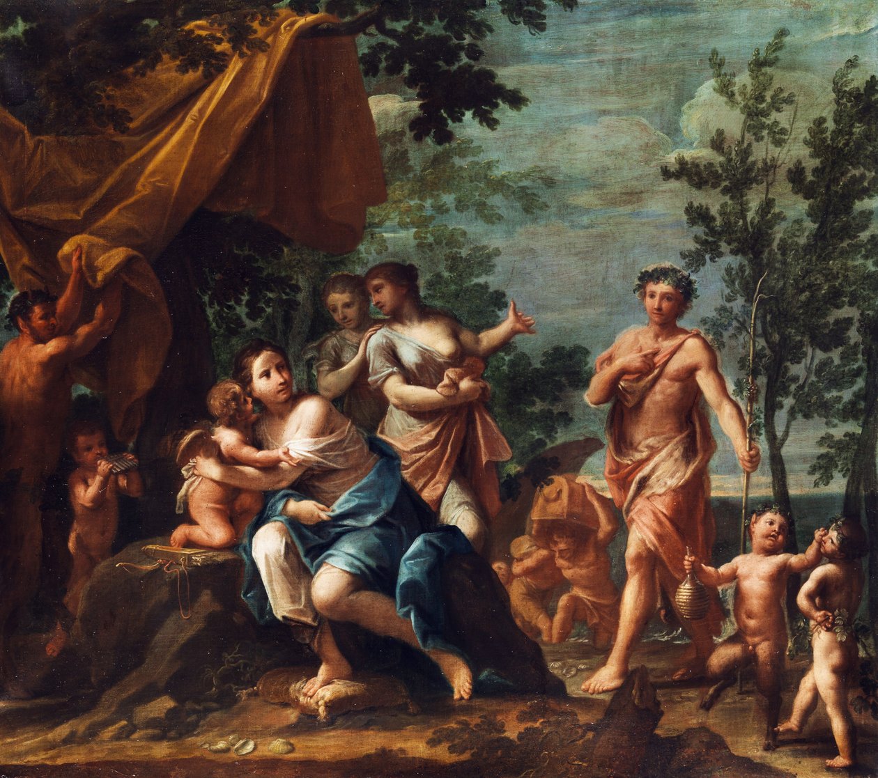 Apollo als herder nadert de drie Gratiën, met Venus, Cupido, amoren, Pan en Pans kinderen door Marcantonio Franceschini