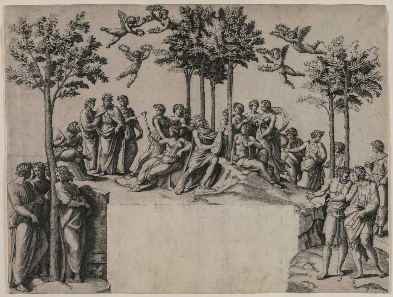 Apollo op de Parnassus door Marcantonio Raimondi