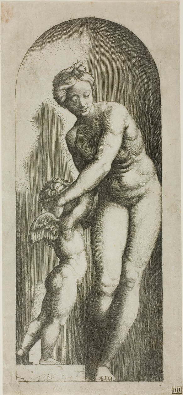 Venus en Cupido door Marcantonio Raimondi