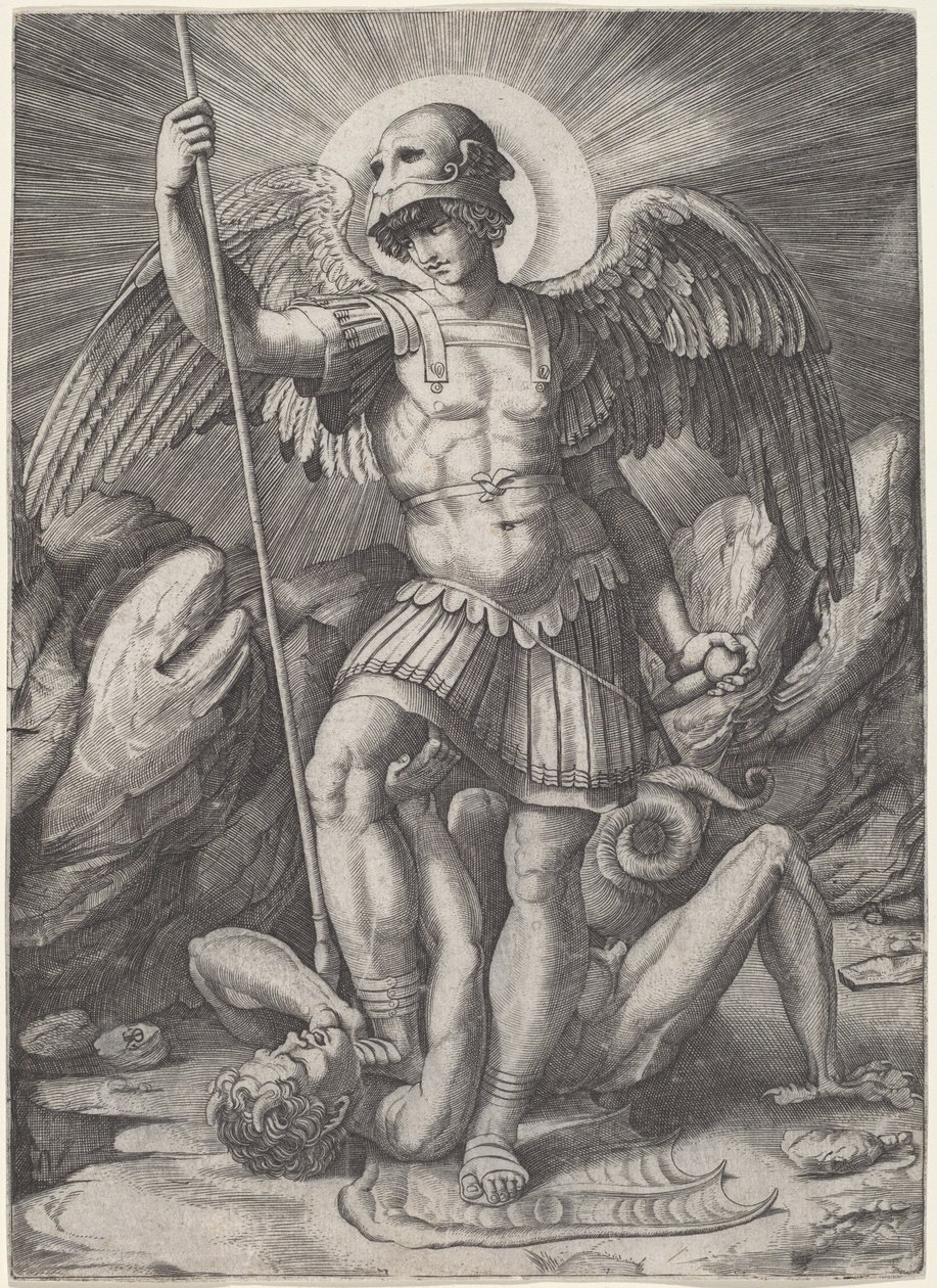 Sint Michaël door Marco Dente after Raphael