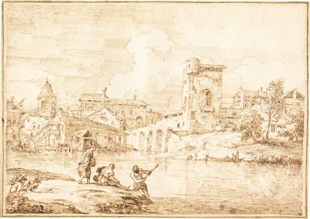 Een versterkt dorp langs een rivier door Marco Ricci