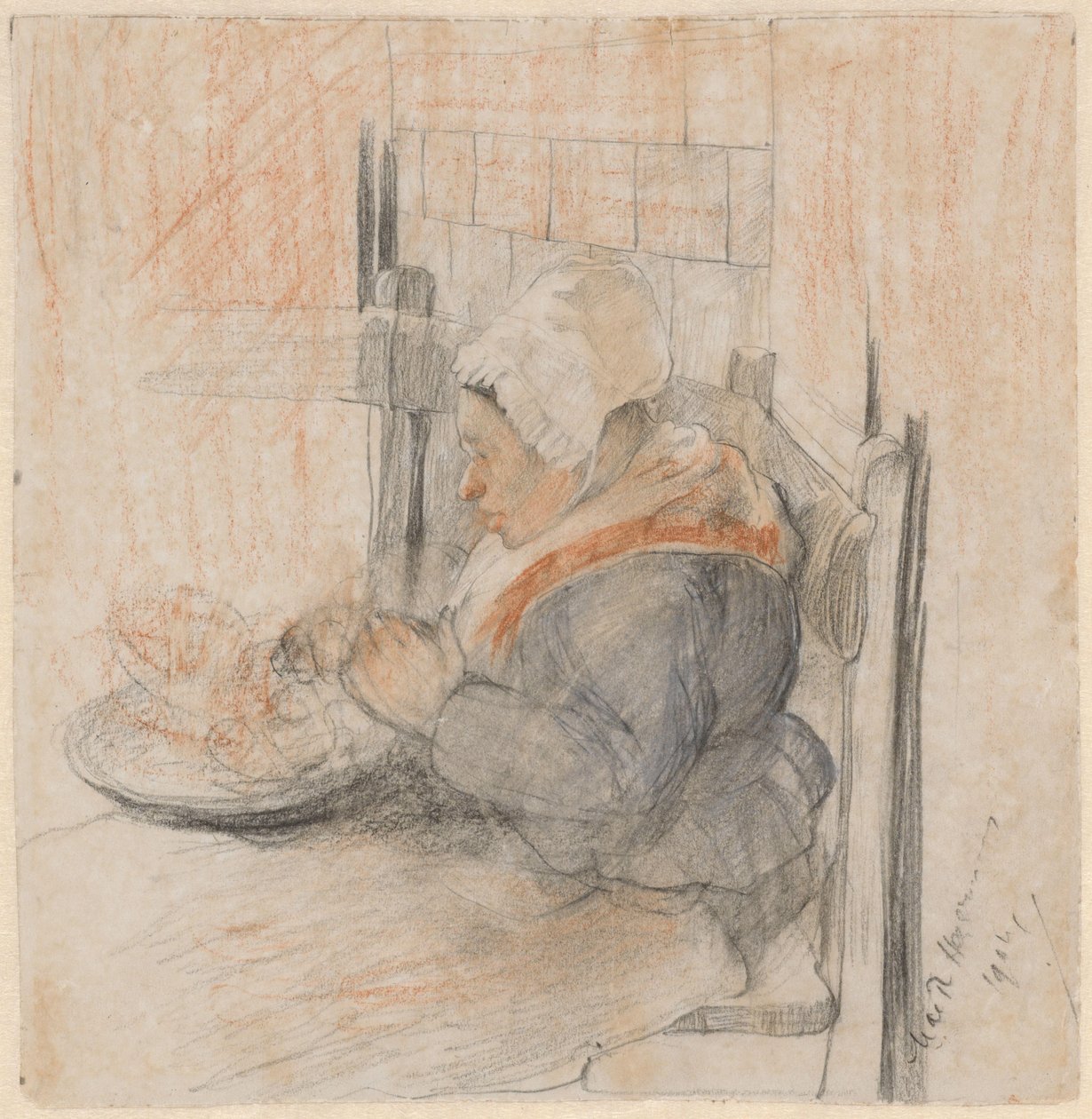 Boerenvrouw aan tafel door Marie de Roode Heijermans